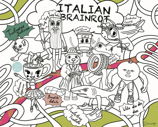 Italienische Brainrot-Tiere | RIESIGE Malvorlage 120 х 150 cm