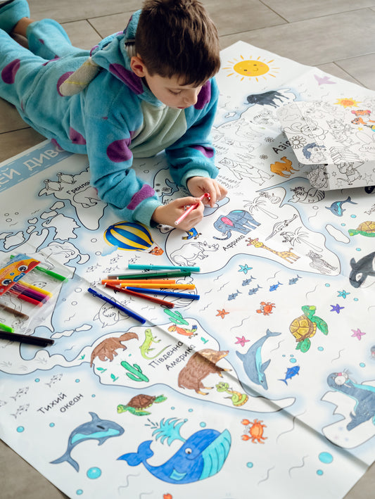 Weltkarte mit Tieren | RIESIGE Malvorlage 120 х 150 cm