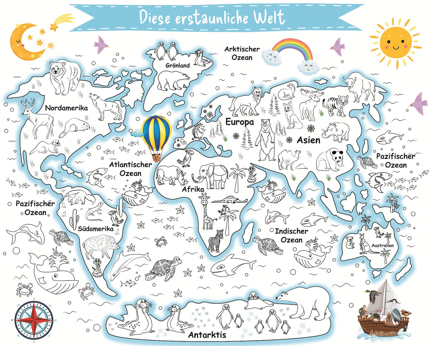 Weltkarte mit Tieren | RIESIGE Malvorlage 120 х 150 cm