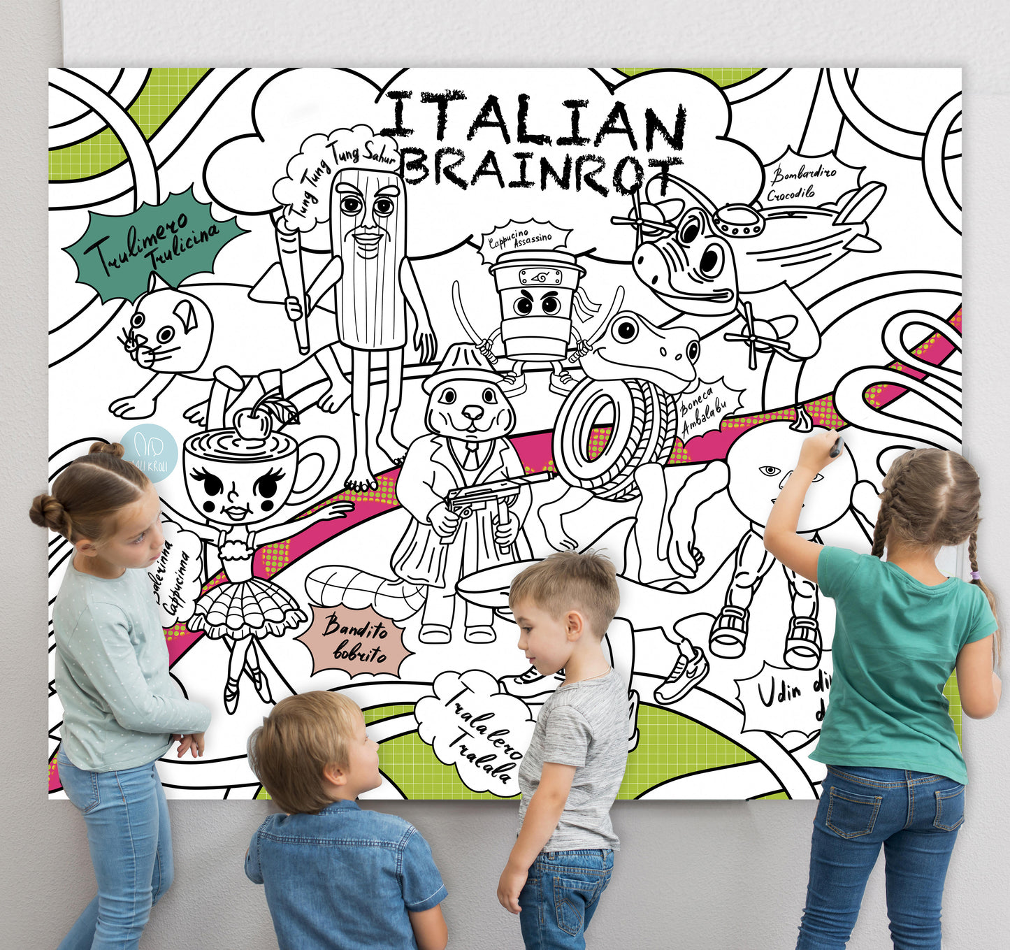 Italienische Brainrot-Tiere | RIESIGE Malvorlage 120 х 150 cm