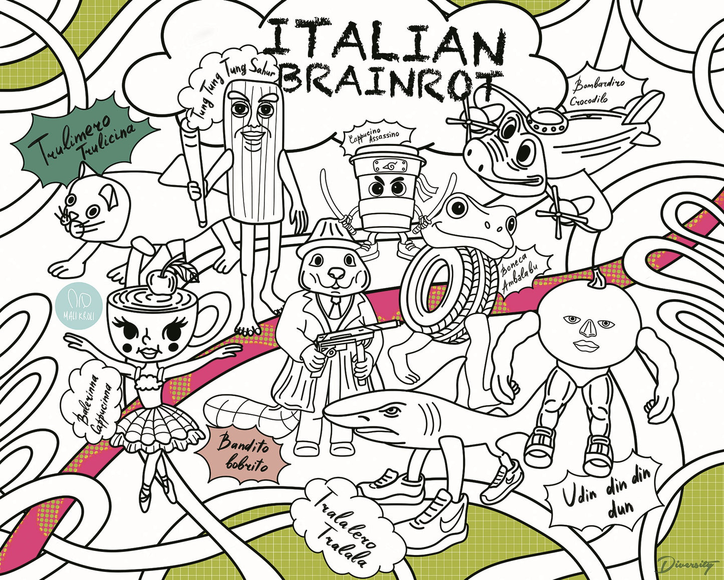 Italienische Brainrot-Tiere | RIESIGE Malvorlage 120 х 150 cm