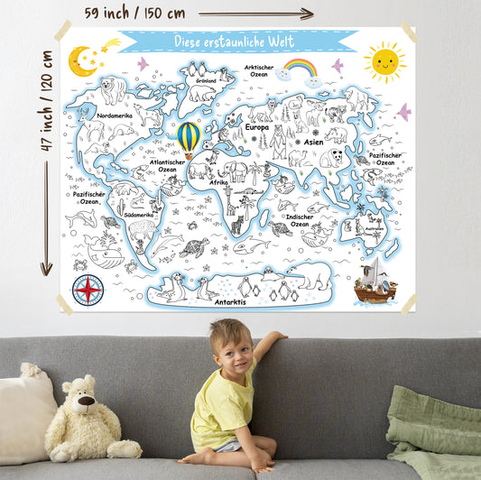 Weltkarte mit Tieren | RIESIGE Malvorlage 120 х 150 cm